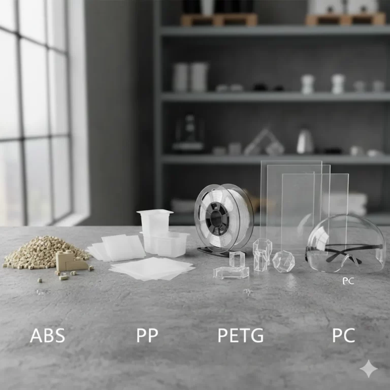 ตัวอย่างวัสดุพลาสติกยอดนิยมที่ใช้ในการขึ้นรูป ได้แก่ ABS, PP, PETG และ PC