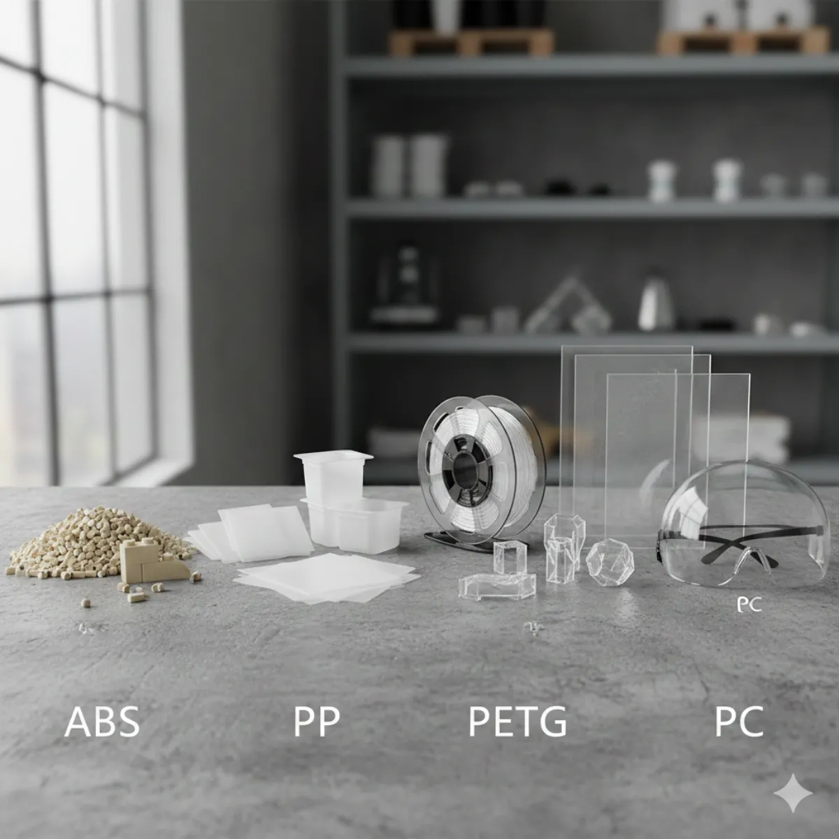 ตัวอย่างวัสดุพลาสติกยอดนิยมที่ใช้ในการขึ้นรูป ได้แก่ ABS, PP, PETG และ PC